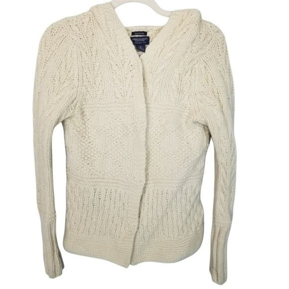 Vintage Y2K American Eagle Womens Lambswool Hooded Cardigan Sweater M Hand Knit